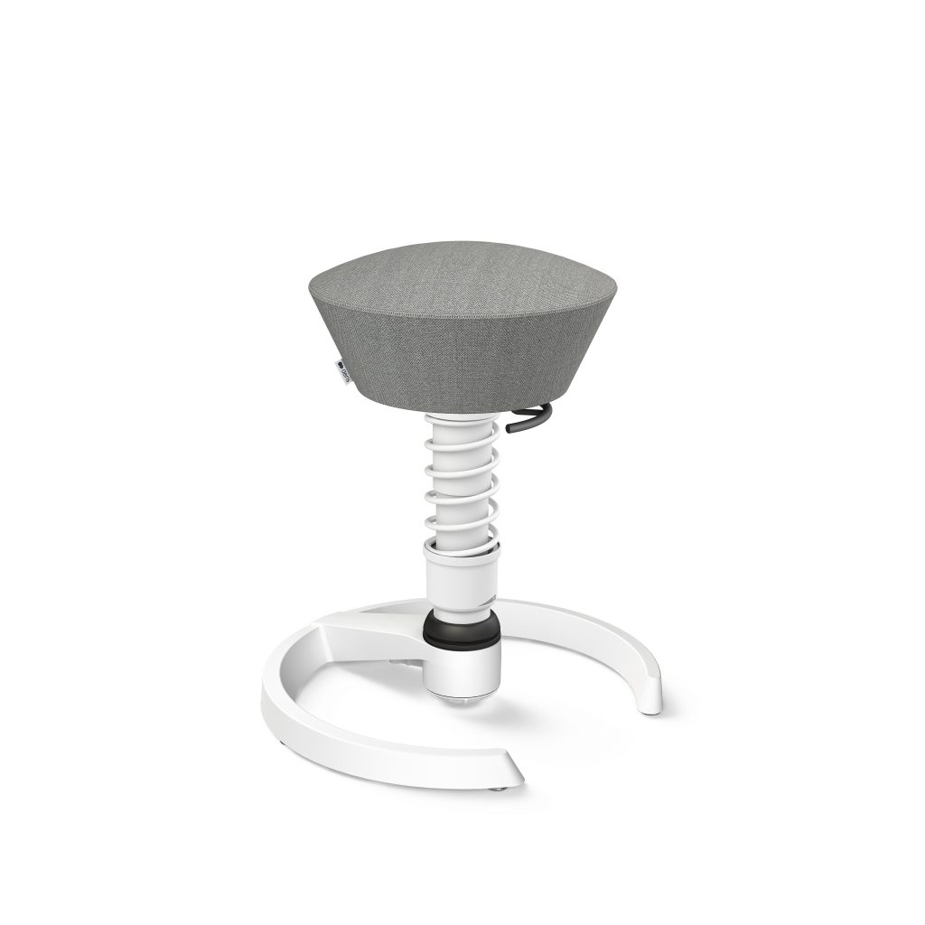 Grey round fabric upholstered stool with a white spiral metal pedestal and circular base, viewed from the front as an adjustable seat fixture.